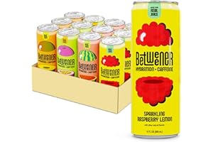 Betweener Sparkling Energy, Sparkling Water w/Real Juice & 100mg Caffeine, Light & Refreshing, L-Theanine for Focus, Vitamins B+C - Low Sugar - 45 Cals - Variety Pack (12 Pack)