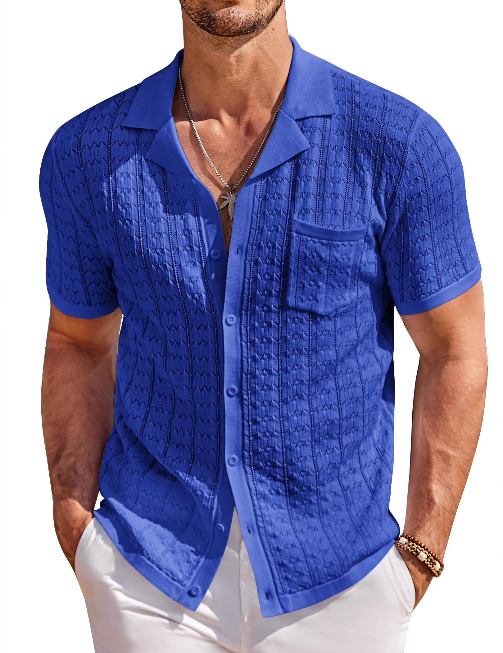 COOFANDY Men Summer Beach Shirts Short Sleeve Knit Button Down Polo Shirts Fashion Casual Vacation Shirts, Sky Blue, 3X-Large Image