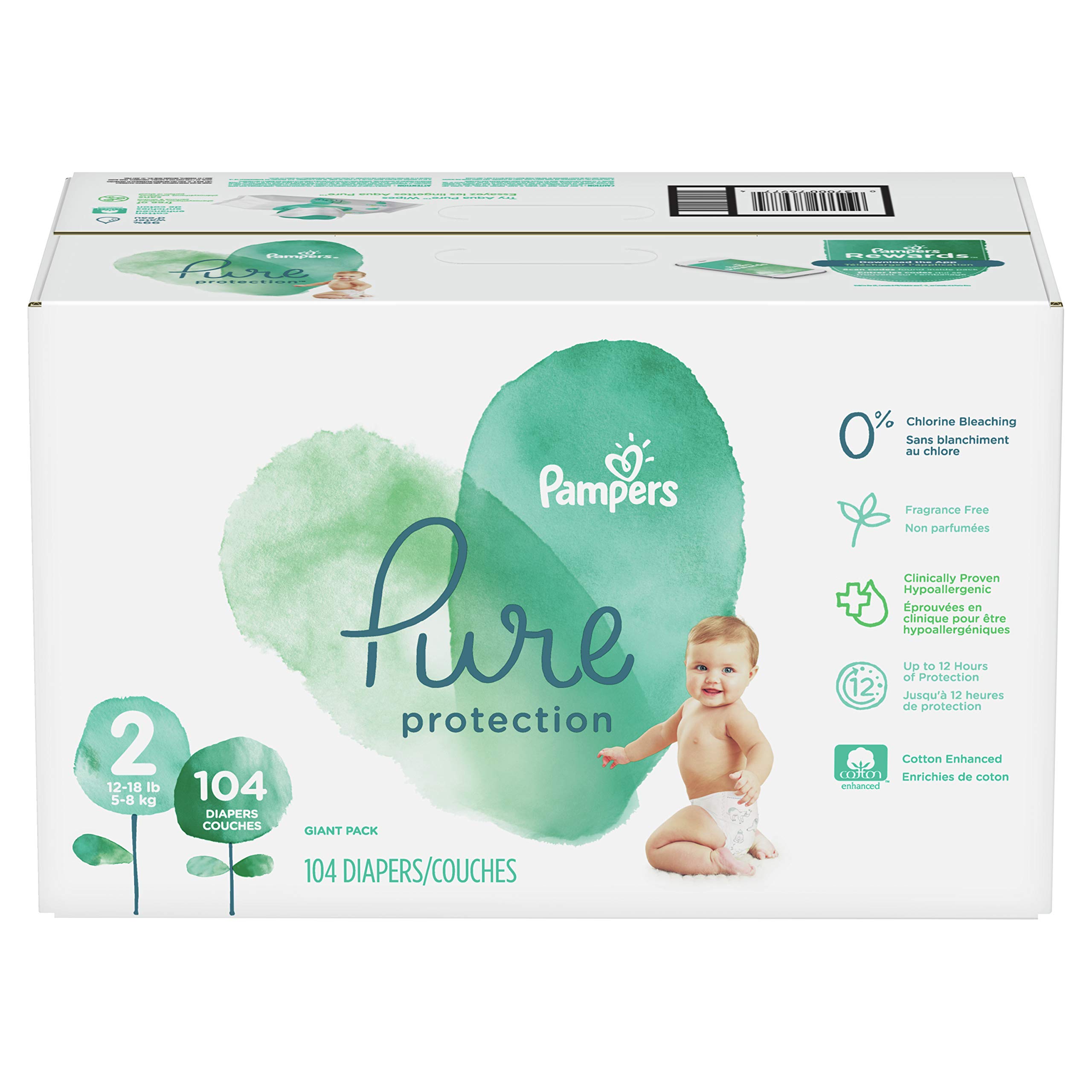 Diapers Size 2, 104 Count Pampers Pure Protection Disposable Baby