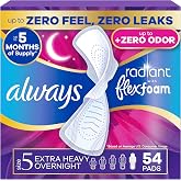 Always Radiant Feminine Pads for Women, Flexfoam Pads with Wings, Size 5, Extra Heavy Overnight Absorbency, Lightly Scented, 54 Count (3 Packs of 18)