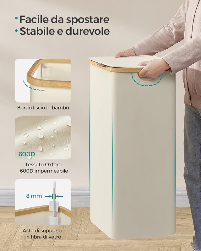 Cesto Portabiancheria con Coperchio, Cesta per Bucato, 90L, Salvaspazio, Sacco Rimovibile, Tessuto Oxford, Manici di Bambù, Pieghevole, 42 x 32 x 70,5 cm, Bianco Crema LCB509W01