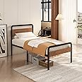 EMODA 16 Inch Twin Size Bed Frames with Wooden Headboard and Footboard, Heavy Duty Metal Slats Support Mattress Foundation, No Box Spring Needed, Easy Assembly