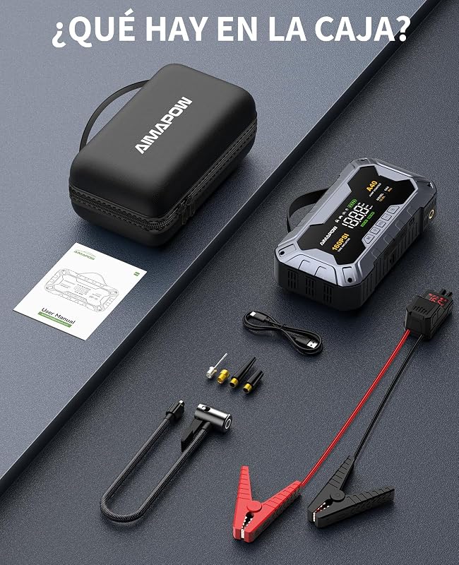 Arrancador de Coches 9000A con Compresor, 160PSI Inflador de Neumáticos, Jump Starter 12V, Arrancador de Baterias de Coche (Todo Gasolina o 12L Diésel), Pantalla LCD, Luz LED, USB-C Portátil