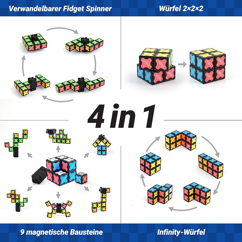 Magnet Fidget Spinner Mini – 8 Bausteine, 3-in-1: verwandelbarer Fidget-Spinner, Infinity-Würfel, 2x2 Puzzlewürfel, Anti-Stress, STEM-Sensorik-Magnetspielzeug