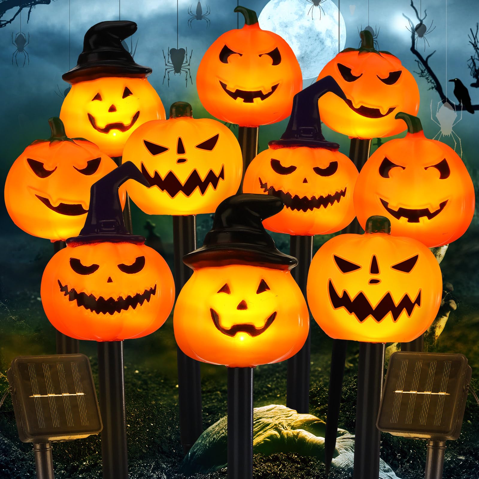 Photo 1 of Retisee 10 Pcs Halloween Pumpkin Solar Lights Stakes Pumpkin Pathway Lights Outdoor Halloween Decoration Outdoor for Lawn Party Yard Garden Decoration