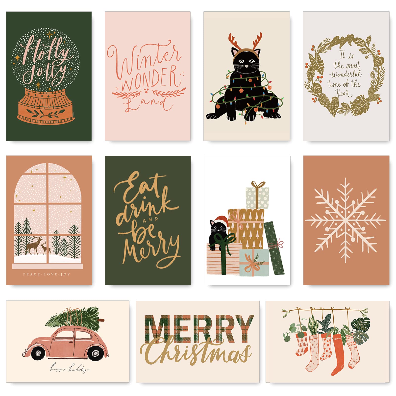 AnyDesign Christmas Greeting Cards Bulk 33 Pack Boho Art Winter Xmas Holiday Note Cards with Envelope Matching Stickers Christmas Blank Cards for All Occasions Wedding Birthday Baby Shower, 4 x 6 In