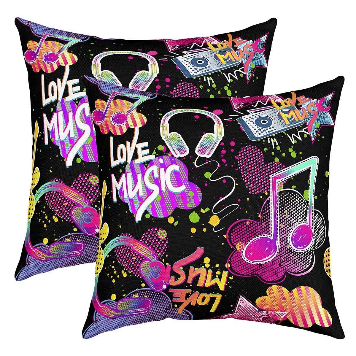 Loussiesd Pack of 2 Music Decorative Throw Pillow Covers Soft Headphones Square Cushion Case Set for Sofa Bedroom Living Room Grunge Art Musical Theme Colorful Pillow Cases Pillowcases 16x16 Inch