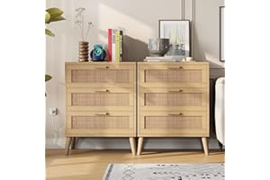 Irontar Rattan Nightstand Set of 2, Farmhouse Night Stand with Charging Station & Rattan Decorated Drawers, Accent End Table, Bedside Table with USB Ports & AC Outlets for Bedroom, Natural BZZ006ME02