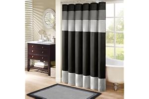 Madison Park Amherst Bathroom Shower Curtain Faux Silk Pieced Striped Modern Microfiber Bath Curtains, 72x72 Inches, Black