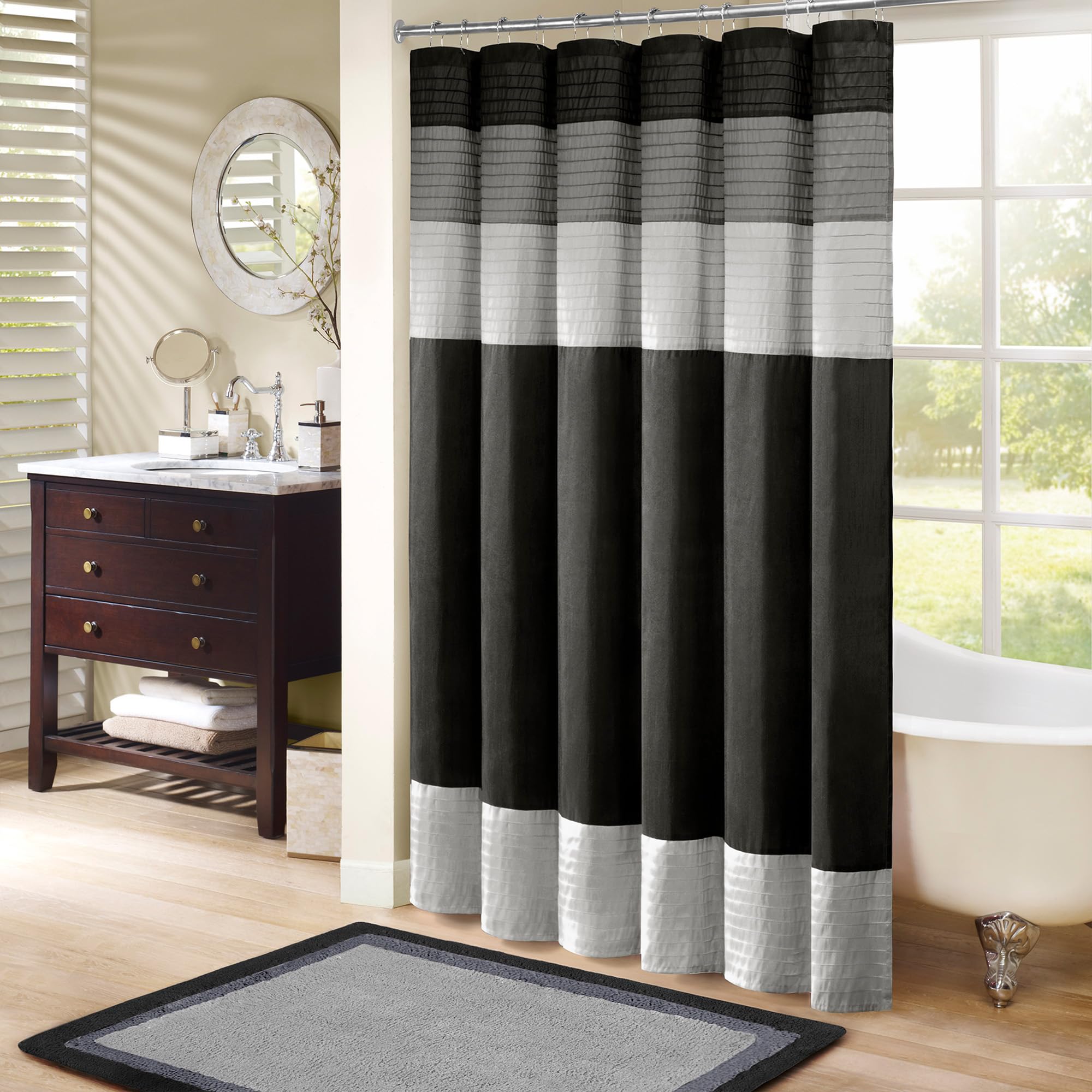 Madison Park Bathroom Shower Faux Silk Pieced Striped Modern Microfiber Bath Curtains, Black, 72" W x 72" L (Pack of 1)