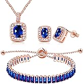 Tobestu Rose Gold Plated Cubic Zirconia Stud Earrings Rectangular Necklace Square Tennis Bracelet Adjustable Crystal Bridal Jewelry Set