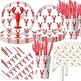 141Pcs Crawfish Birthday Party Supplies Lobster Crawfish Plates, Cups, Napkins, Forks ,Knives,Straws,Baby Shower Lobster Party Supplies Seafood Party Supplies