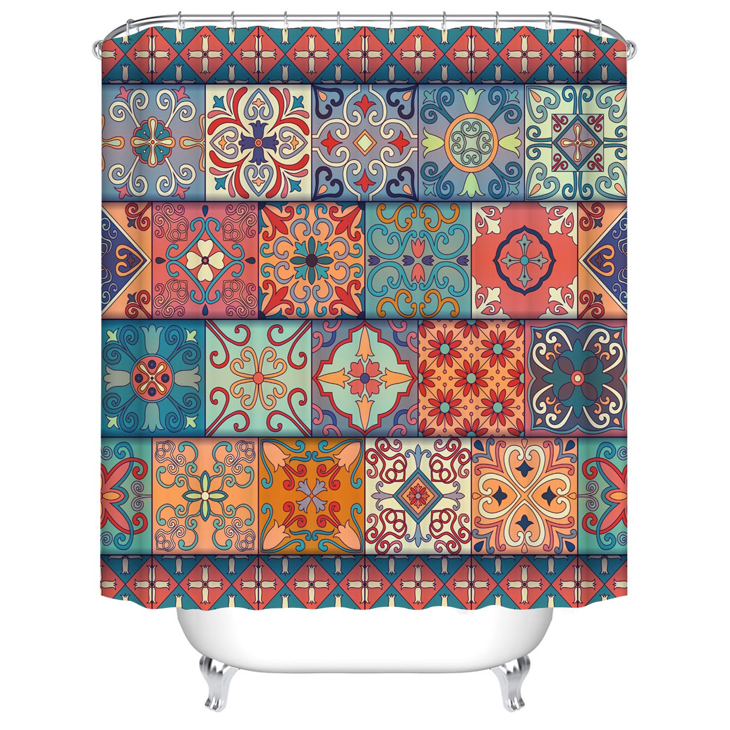 Bohemian Floral Shower Curtain, Colorful Boho Square Floral Patchwork Pattern Home Decorative Waterproof Polyester Fabric with Hooks, 180 x 180 cm