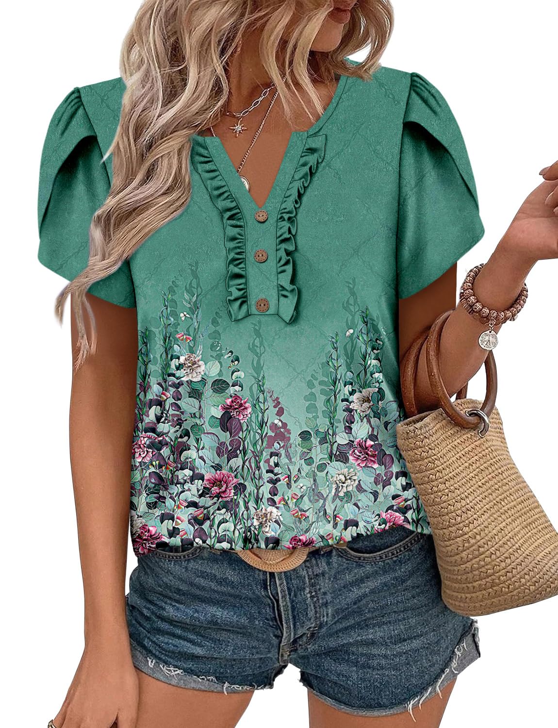 KISSMODA Women's Tunic Tops Casual V Neck Short