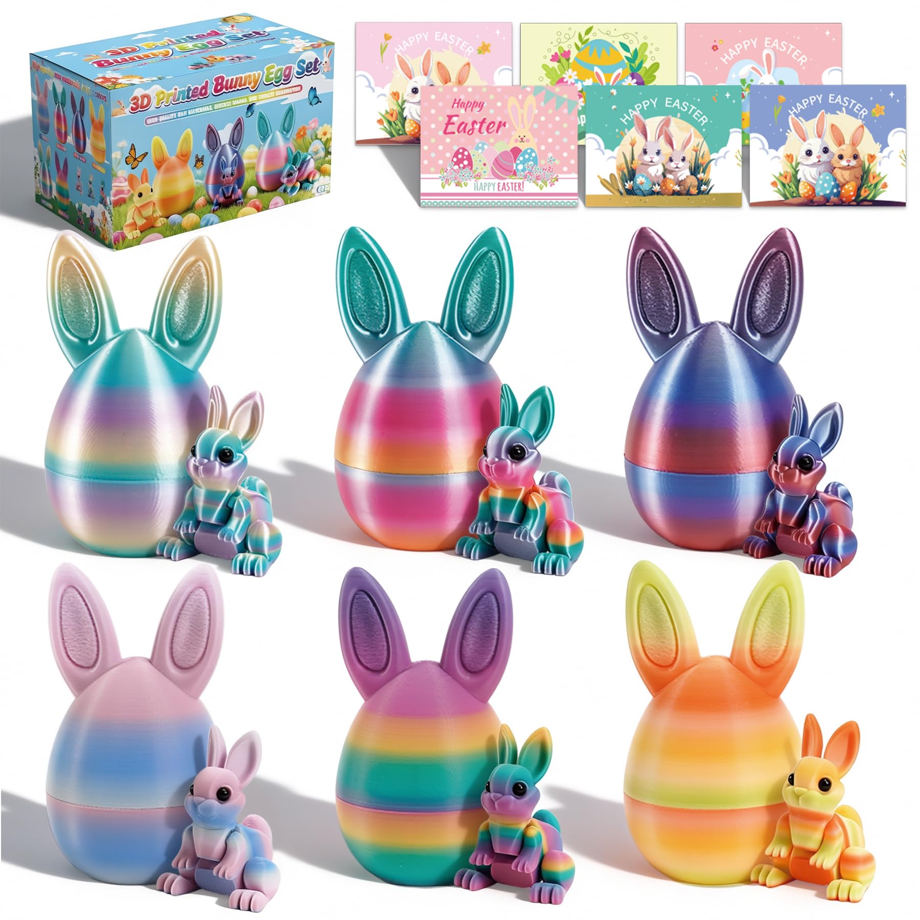 OESINS 6Pcs 3D Printed Easter Eggs with Bunny Inside, 3.26in 3D Printed Animals Easter Rabbit Decor, Articulated Flexible Fidget Toys for Kids, Surprise Bunny Egg Easter Basket Stuffers