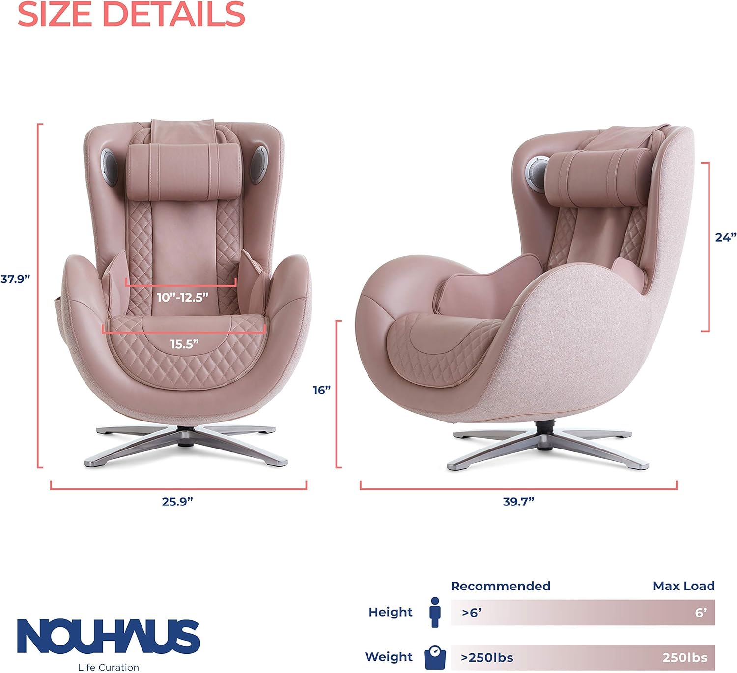 Nouhaus Classic Massage Chair with Ottoman. Pink Leather Lounge Chair, with Percussive & Shiatsu Chair Massager, Bluetooth Speaker and Recliner. Swivel Reading Chair with Spot and Full Body Massager: Kitchen & Dining
