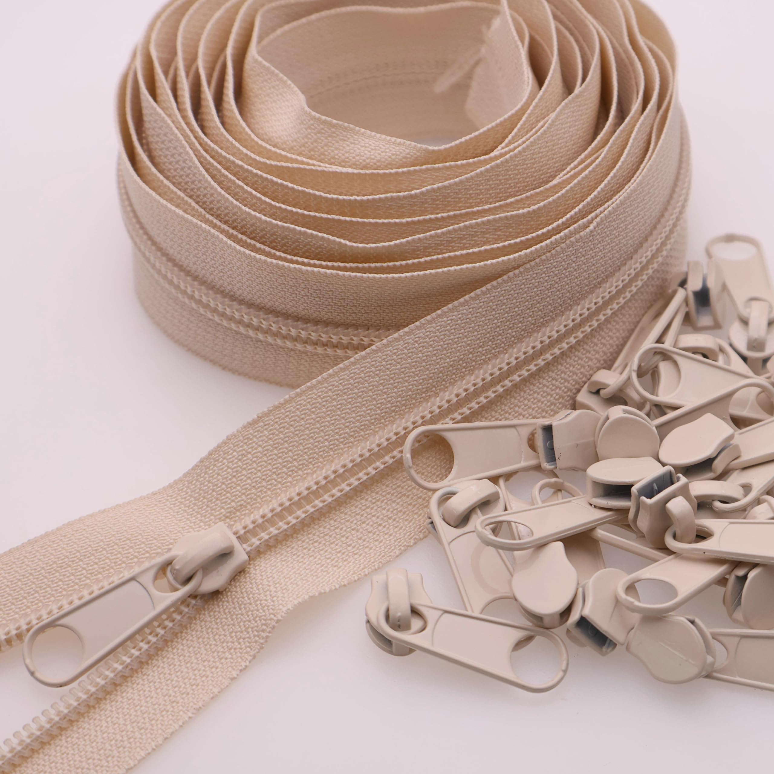 #5 Beige Nylon Coil Zippers by The Yard 10 Yards Bulk Zippers with 25pcs Zipper Pulls Sliders for DIY Sewing Crafts Bags Purses YIGUANXIN
