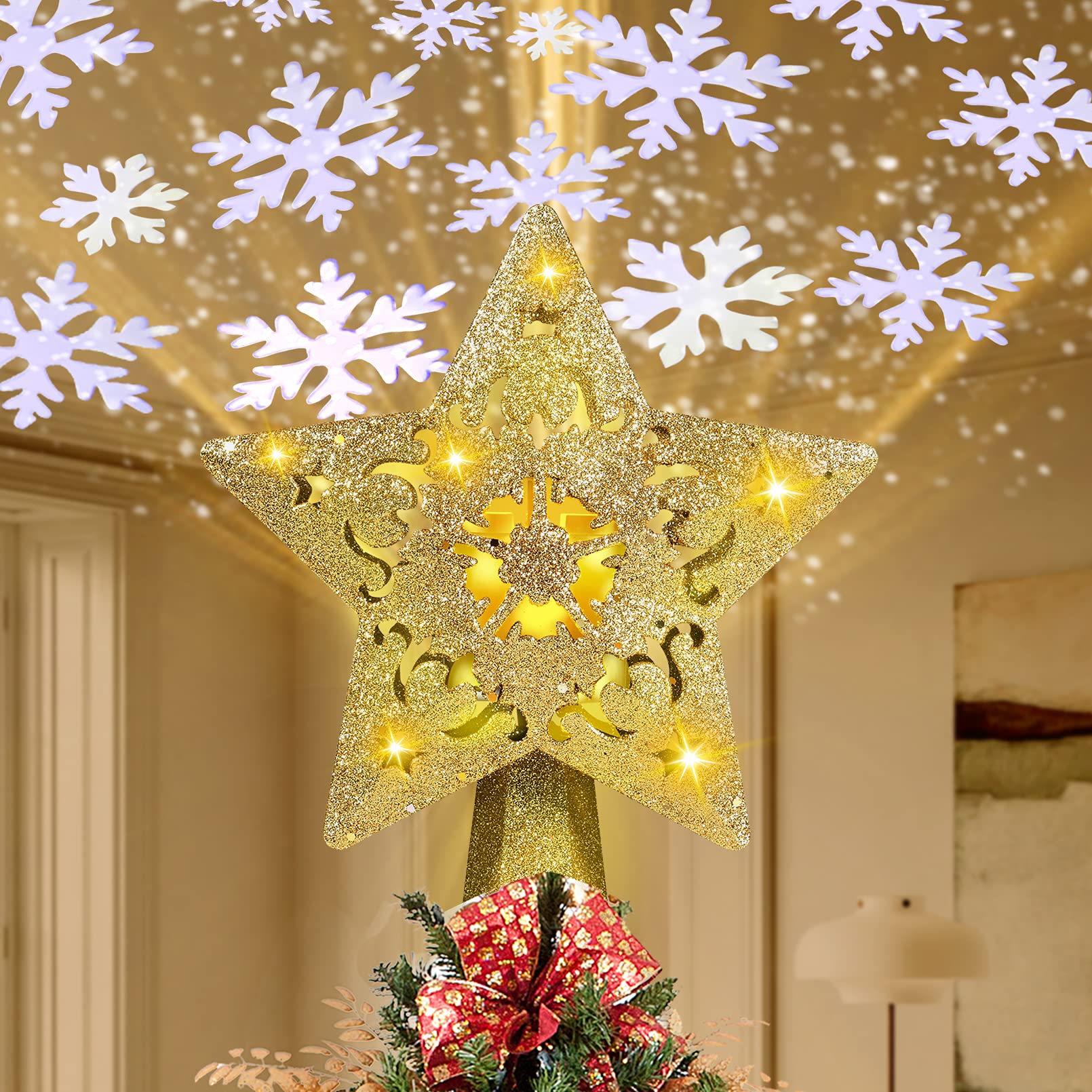 RNSSEZ Christmas Tree Toppers Decorations with LED Rotating Snowflake Projector, 3D Golden Glitter Star Tree Topper Starry Night Light for Xmas Tree Decoration (Golden Star Tree Toppers)