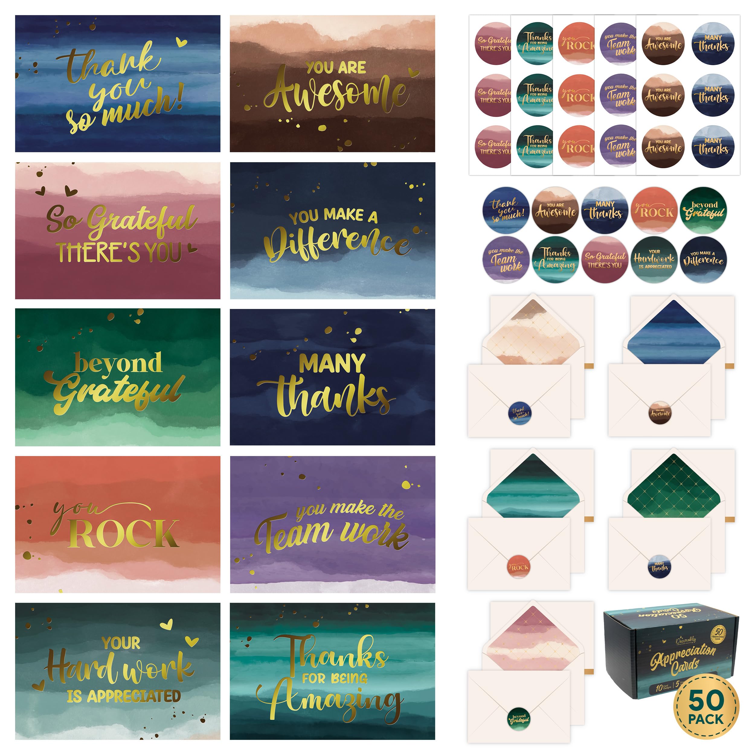 Photo 1 of Decorably 50 Pack Gold Foiled 6x4in Employee Appreciation Cards with Envelopes and Stickers, 10 Designs Folded Employee Thank You Cards for Employees, Blank Inside - Promotion, Work Anniversary