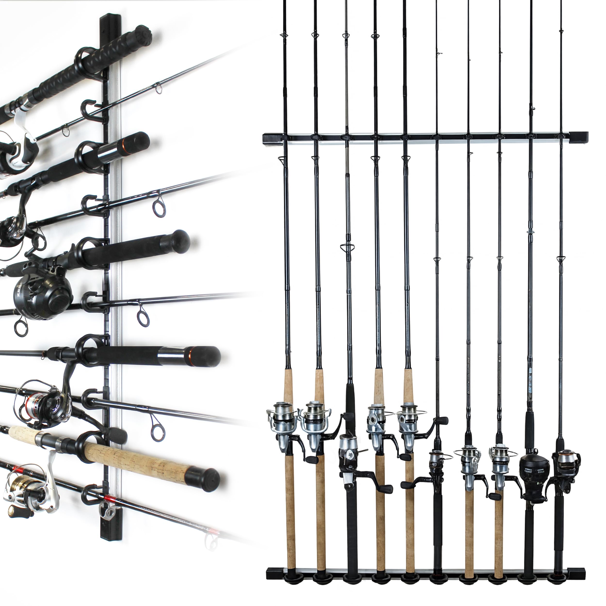 Rush Creek Creations 10-Rod Wall or Ceiling Fishing Rod Storage Rack, Vertical or Horizontal Fishing Rod Holder with 10 Rod Capacity, Silver and Black