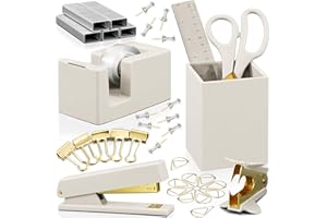 KIBAGA Aesthetic Desk Accessories Set - A Complete Desktop Organizer Set For Women Enhances Any Office Decor - An Office Supplies Kit w Gold Finish incl. Pen Holder, Scissors, Stapler, Tape Dispenser & More
