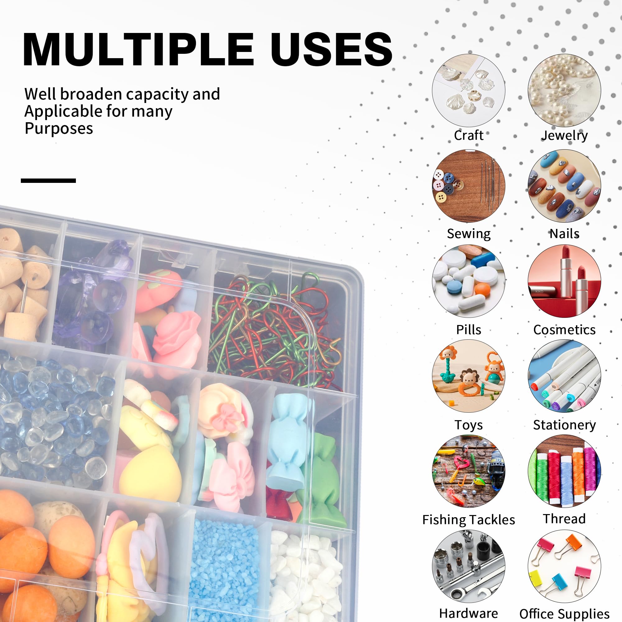 OALCQ 24 Grids Plastic Organizer Box With Dividers Clear Craft Storage Bead Organizer Box Earring Travel Pill Jewelry Organizers Storage Boxes Screw Seed Small Parts Hair Tie