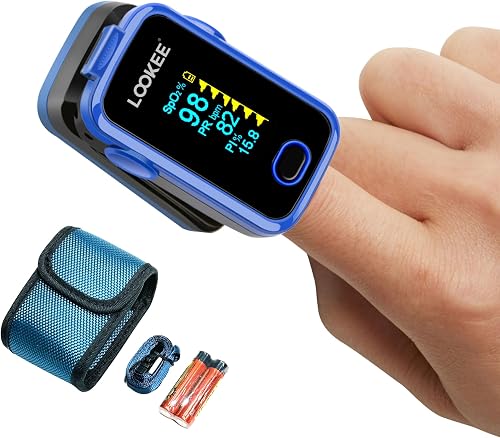 LOOKEE A310 Premium Pulse Oximeter Finger Heart Rate Oxygen Monitor | Proudly Canadian | SpO2 Blood Oxygen Level | Medical Accuracy, Alarm & PI | OLED Display | Carry Case & Batteries | Blue