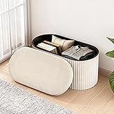 GLAXYFUR Oval Storage Ottoman Bench, Velvet Foot Rest, 30 Inch Folding Chest for Living Room, Bedroom, Beige