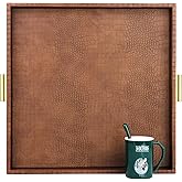 HofferRuffer Elegant Decorative Serving Tray, 20"x20" Square Faux Leather Ottoman Tray with Gold Hardware Handles, Coffee Table Serve Tea Coffee or Breakfast (Antique Brown)