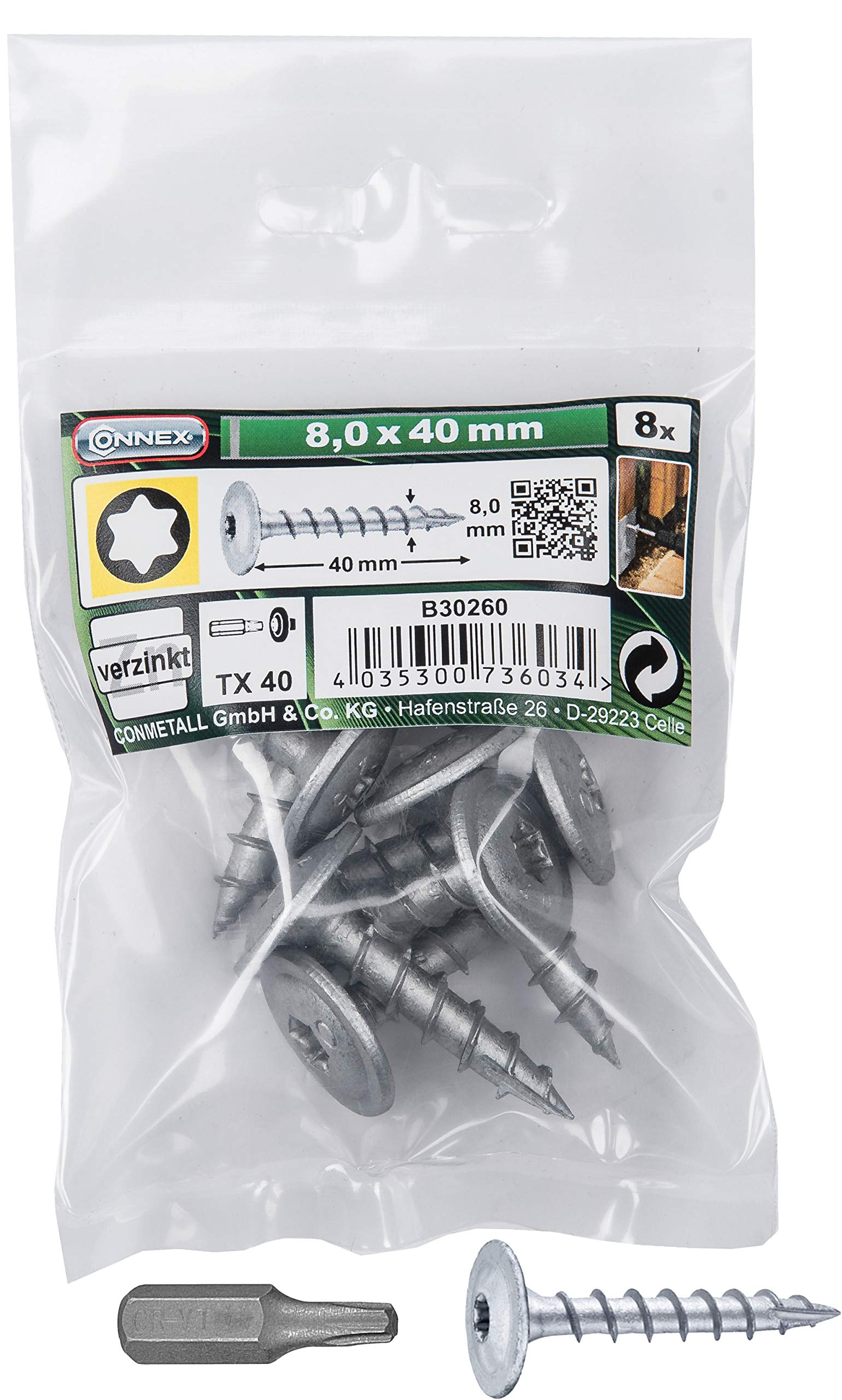 Connex Post Screws 8.0 x 40 mm - 8 Pieces - TX Drive - Fully Threaded - for Attaching Fittings & Connectors - Includes Bit/Post Connector Screw/Screw Set / B30260