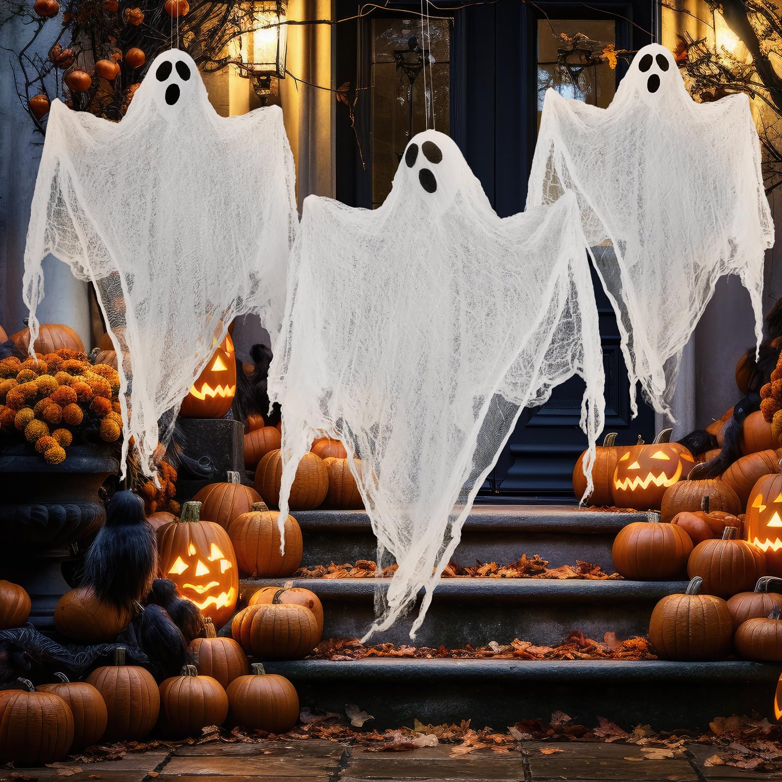 Photo 1 of Simgoing 3 Pack Hanging Ghosts Halloween Outdoor Decorations, 29.9 Inch Gauze Flying Ghost for Halloween Outdoor Spooky Decorations Front Yard Porch Patio Lawn Garden Trees Party Decoration(Classic)