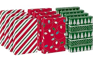 Hallmark Medium Christmas Gift Boxes with Lids (12 Shirt Boxes, 3 Designs: Lights, Trees, Red and Green Stripes) for Christmas, Holiday Parties, Hostess Gifts