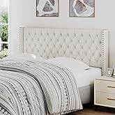 Furpopup Linen Queen Size Headboard Only, Wingback Wall Mount, Ivory | 2 ways to use:Wall-mounted (for adjustable bed) and bed frame mounted, Easy to assemble, High-end button and rivet design