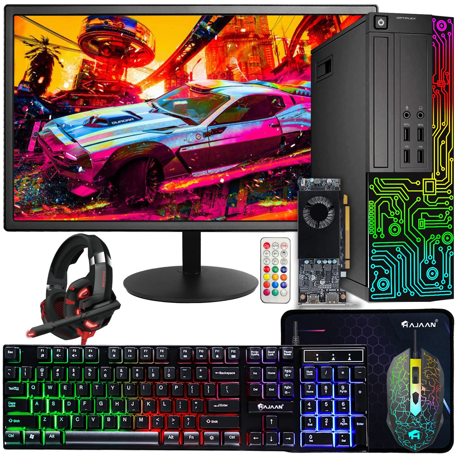 Dell Gaming OptiPlex Desktop RGB Computer PC, Intel Core i5, AMD RX 550 4GB GDDR5, 16GB RAM, 512GB SSD, 24 Inch HDMI Monitor, RGB Keyboard Mouse and Headset, WiFi, Windows 11 Pro (Renewed)