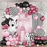 Froova Halloween Balloons Arch Kit Pink and Black Balloons Garland with Ghost Foil Balloon 18 Inch Striped Balloon for Girls Night Pink Halloween Boo Spooky One Scary Birthday Baby Shower Party Decor