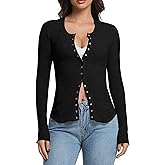 Abonlen Womens Cardigan Lightweight Waffle Knit Long Sleeve Button Down Shirts Fitted Going Out Tops