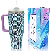 XMYAINA 40oz Bling Tumbler with Handle and Straw Lid Rhinestone Studded Tumbler Cups Vacuum Insulated Stainless Steel Double Wall Water Bottle Travel Mug Gifts for Women Her (Purple)