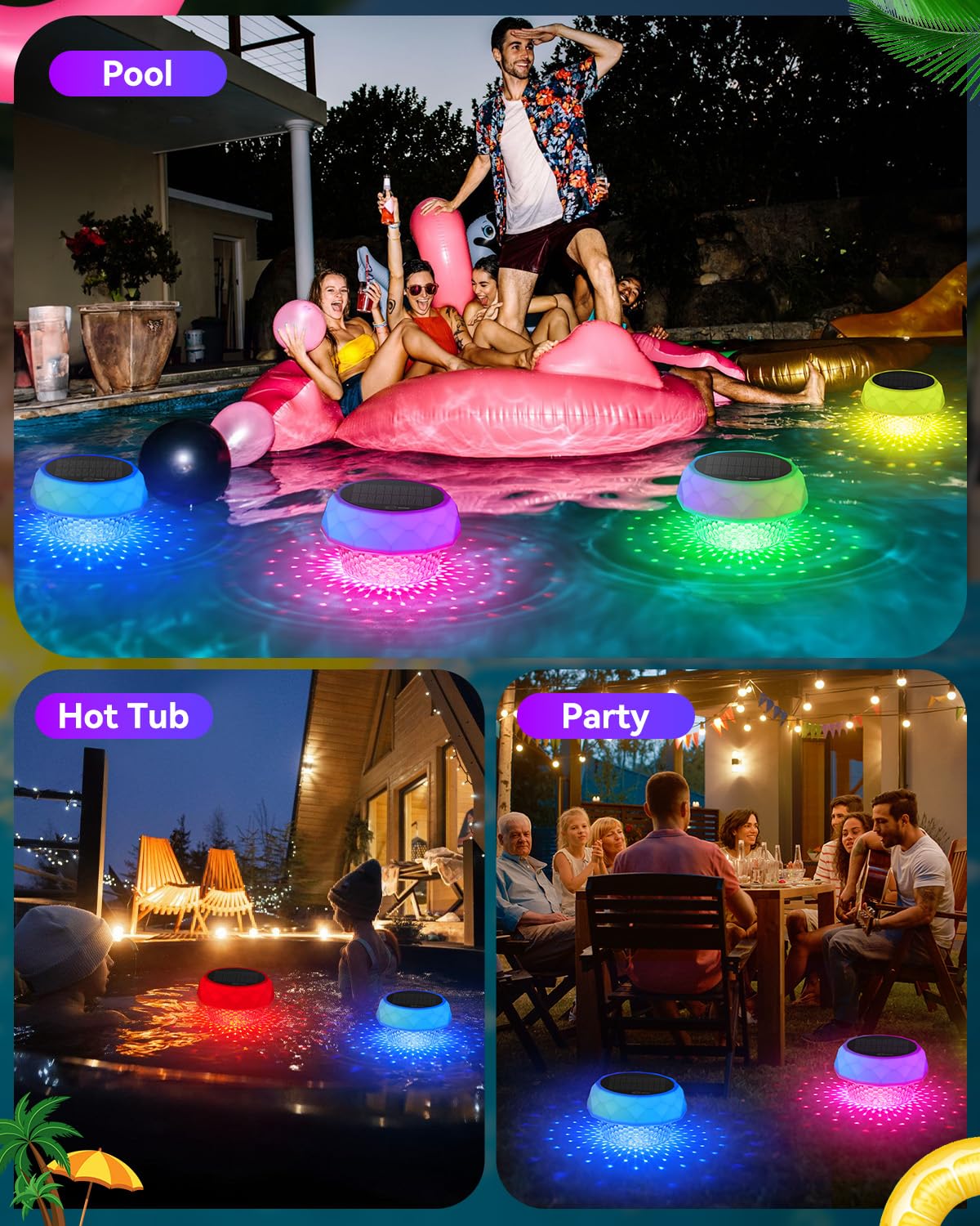DoXtreme Solarbetriebene schwimmende Desinfektionsleuchte (1) Solar Poolbeleuchtung IP68 Pool Licht 8 Farbwechsel 42 Beleuchtungsmodi Teichbeleuchtung Poolbeleuchtung Solar für Schwimmbad, Party 7