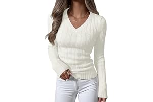 ANRABESS Womens Long Sleeve Cable Knit Sweater 2025 Fall Fashion V Neck Fitted Pullover Top Business Casual Work Fall Outfits