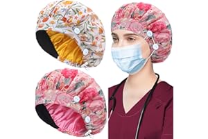 ABAMERICA 2 Pack Bouffant Caps with Button and Sweatband, Adjustable Scrub Caps for Women Men, One Size Multi Color