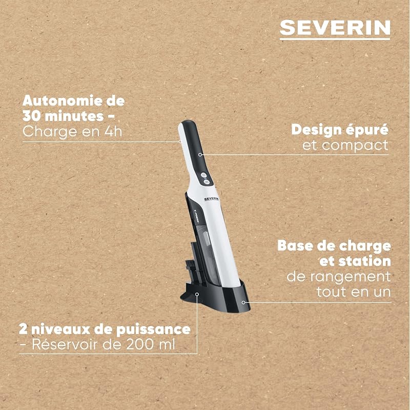 Aspirateur à main sans sac avec set accessoires, Aspirateur sans fil rechargeable, Aspirateur de table ou pour la voiture, Design compact, Autonomie jusqu'à 30 min, HV 7140