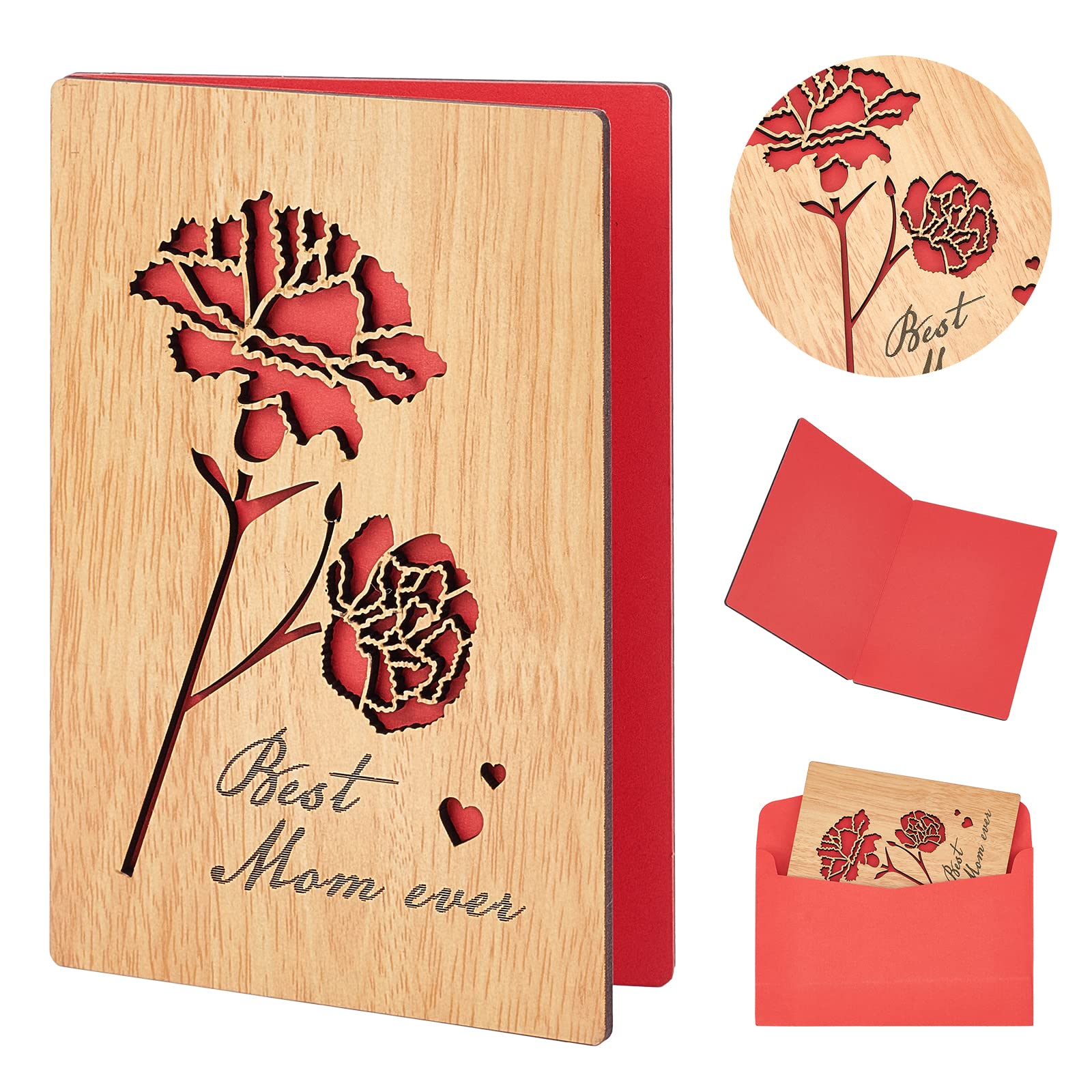 CRASPIRE Mothers Day Wooden Card, Best Mom Ever Wood Card with Carnation Design, Handmade Greeting Cards Birthday Gift Card for Mother'S Day Valentine's Day Wedding Anniversary Easter