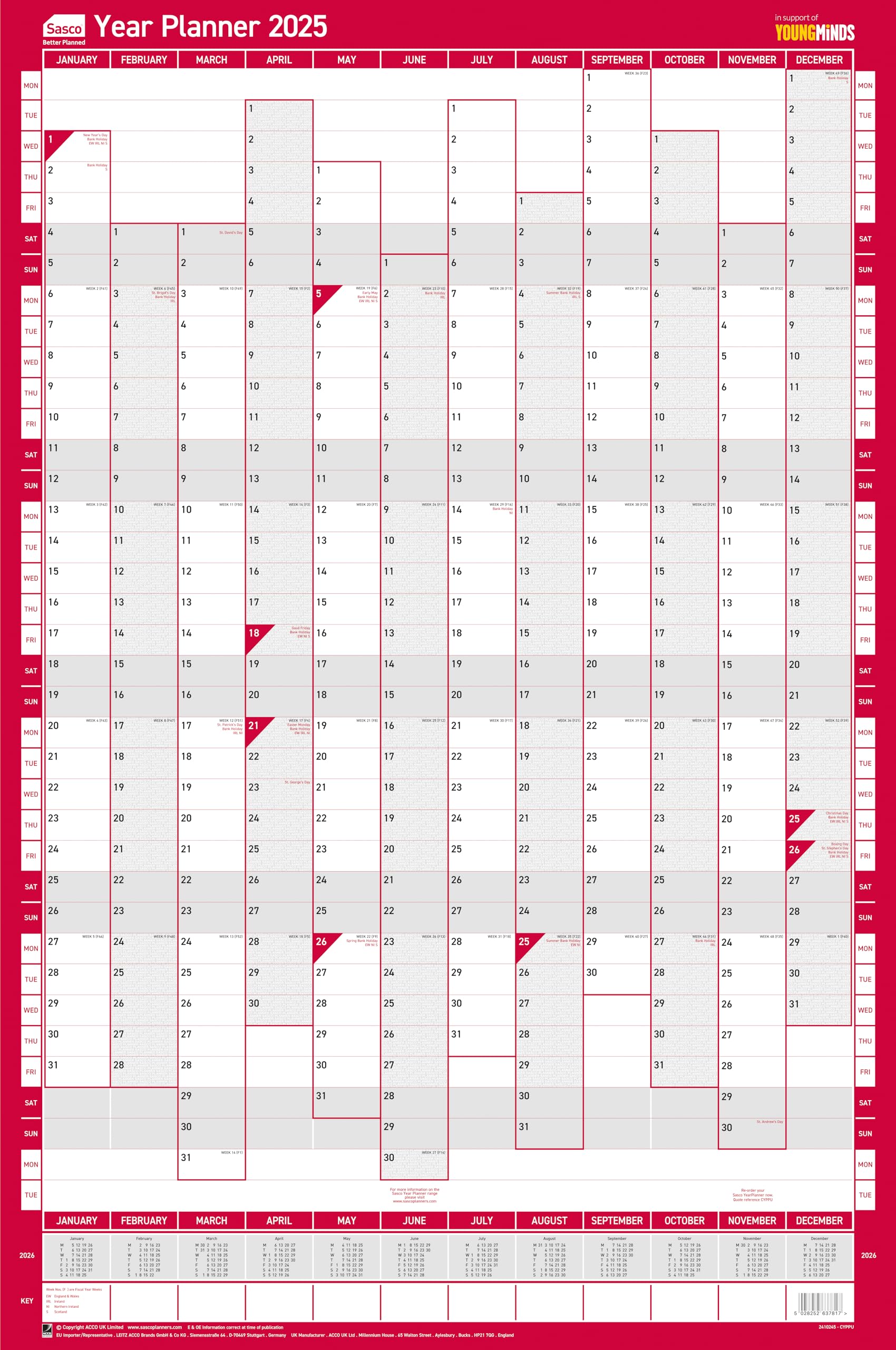 Sasco 2025 Compact Yearly Wall Planner, Paper Mini Whiteboard Poster Style Dry Erase Calendar, Small Wall Planner with Dry Erase Pen & Stickers, Wall Chart, Portrait, Blue, 405x610mm, 2410245