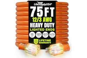 75ft Outdoor/Indoor Extension Cord 12/3 Gauge Extra Heavy Duty 3 Prong SJTW, Waterproof, Flexible Cold-Resistant Long Power C