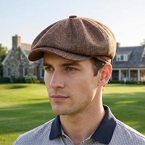 Men's Flat Newsboy Driving Hat Cap, Newsboy Cap Herringbone Cabbie Flat Tweed Hat, Paperboy Hats for Men, Brown