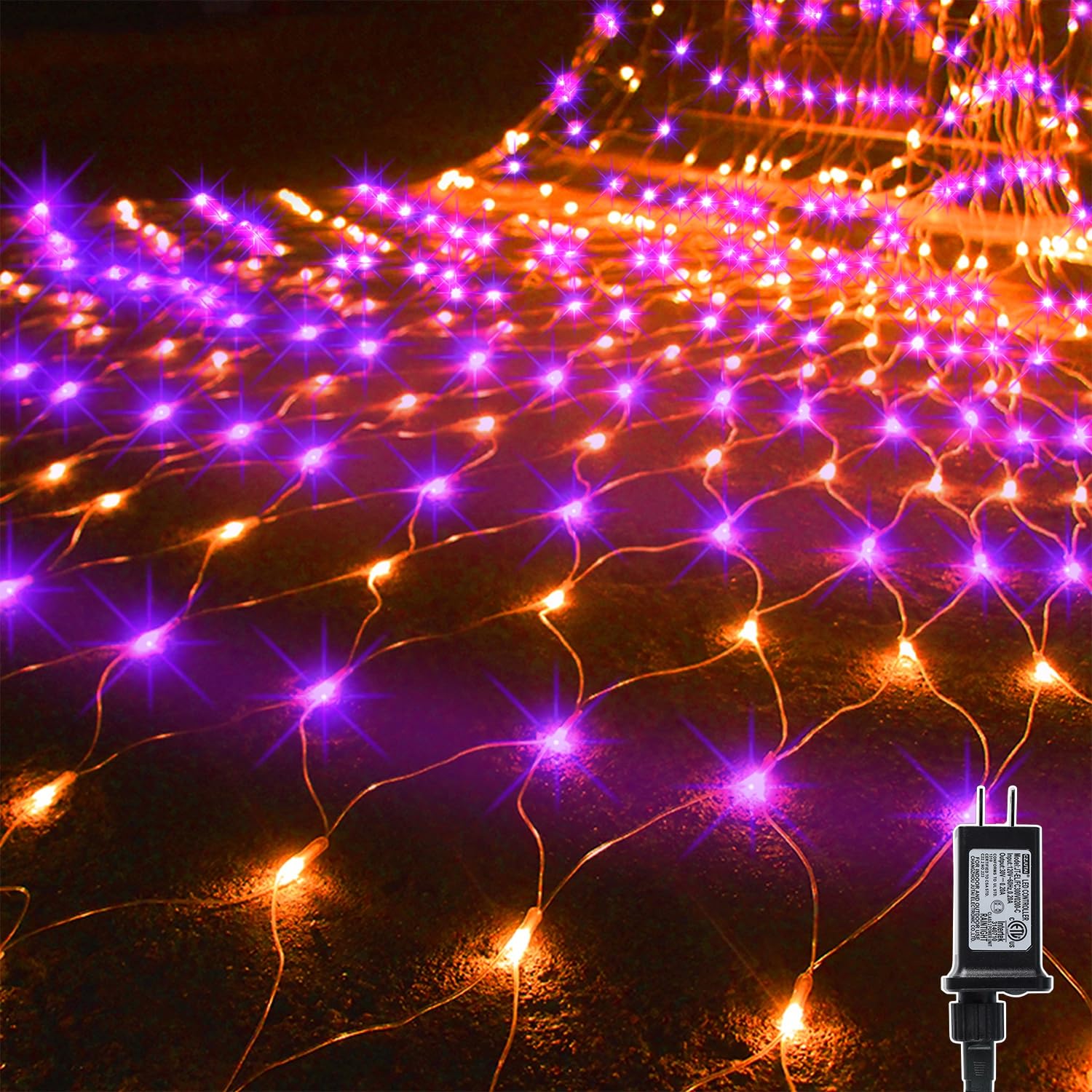 Photo 1 of WATERGLIDE Outdoor Halloween Net Lights, 12FT x 5FT 360 LED Fairy String Light with 8 Lighting Modes, Connectable Light Safe Adaptor for Garden Tree Bushes Holiday Party Decorations, Orange & Purple