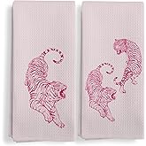 Qeheb Preppy Pink Tiger Kitchen Towels, Coquette Trendy Tigers Kitchen Towels Decorative Set of 2, Preppy Room Decor, Tiger Decor, Retro Western Tiger Hand Dish Tea Towels for College Dorm 16X24In