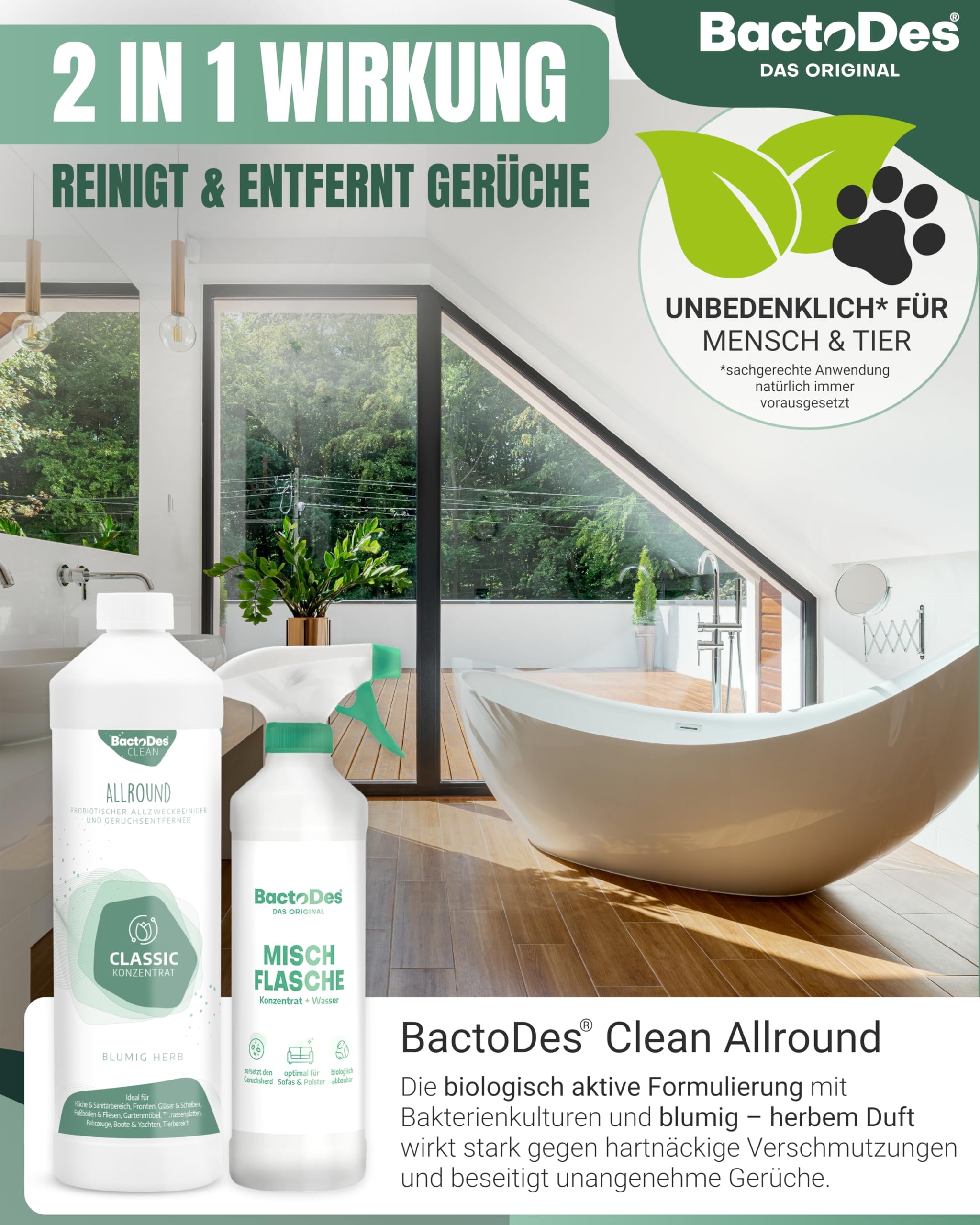 BactoDes - Clean Allround CLASSIC probiotischer Allzweckreiniger 1L Konzentrat mit Sprayflasche - Spezial Enzymreiniger mit bio Mikroben-Wirkung - Effektiver Geruchsneutralisierer & Geruchsentferner 2