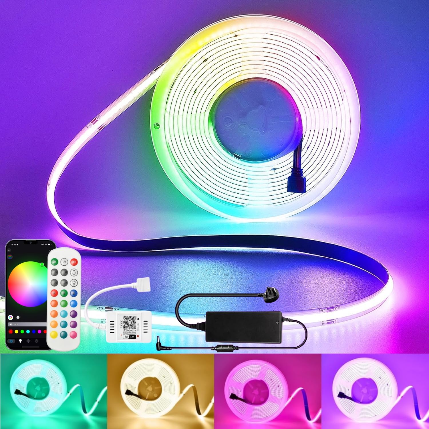 INDARUN RGBW Cob Led Strip Light 10m, 24V 8A 10m RGBW WiFi Led Strip Set with APP & Remote Control, 672LEDs/Meter Led Tape Light Kit for Home Decoration, Compatible with Alexa/Google Home