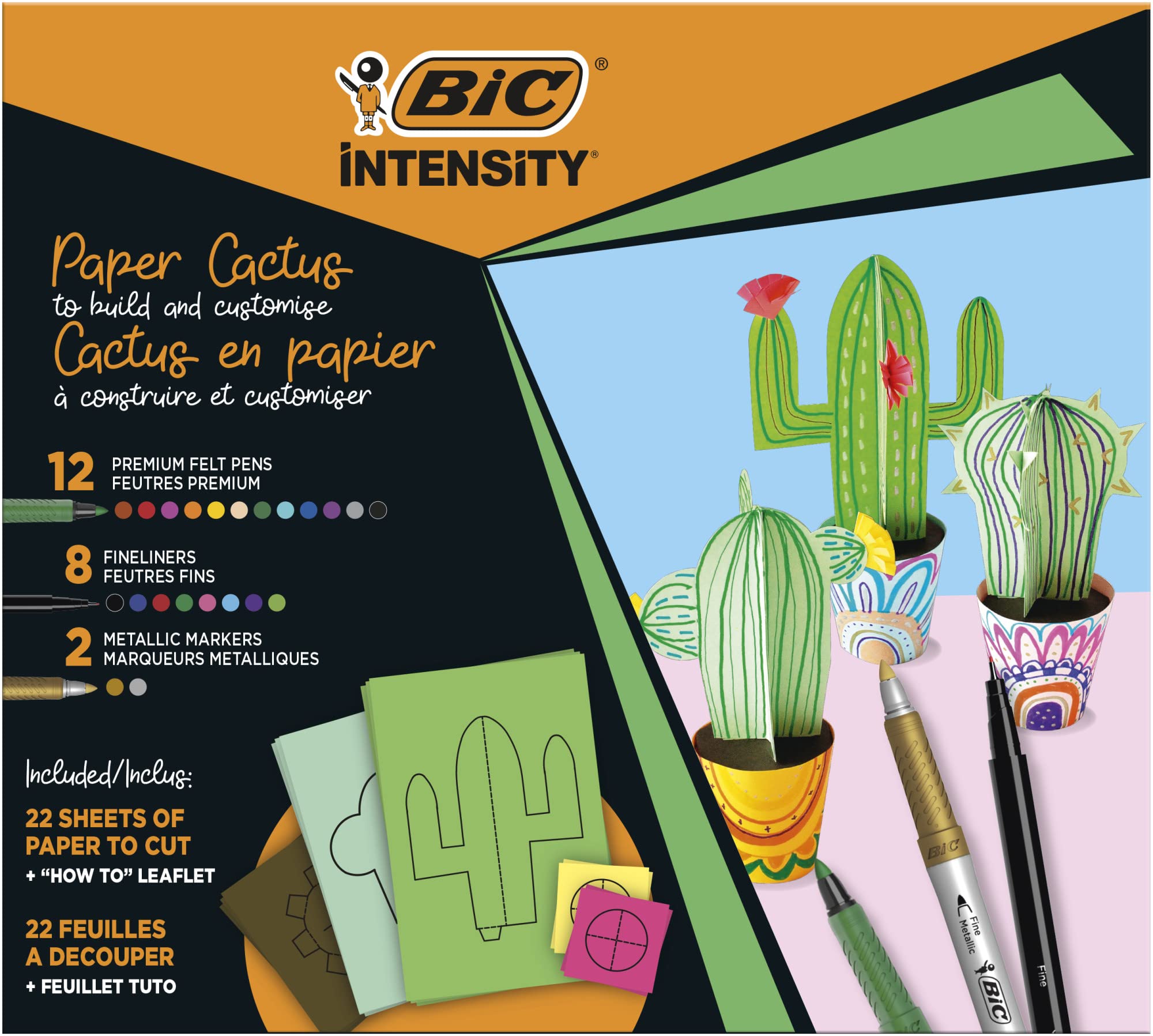 BIC Intensity Paper Cactus Kit, 12 Colouring Felt Tip Pens, 8 Fineliners, 2 Metallic Colouring Pens, 22 Sheets with Printed Cutouts, School Supplies, 44 Pack